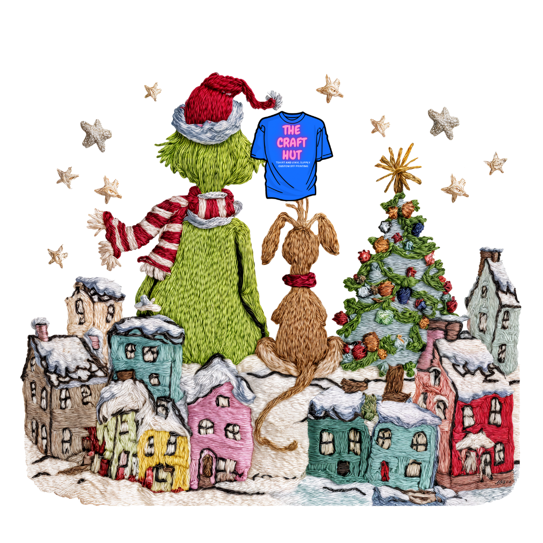 Christmas/ Holiday DTF Transfer - Crochet Green Guy Village